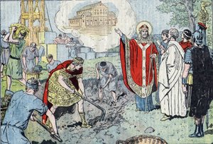 ローマ皇帝コンスタンティヌス1世（272-337）は、教皇聖シルベスターの洗礼を受けた後、ラテランに聖なる救い主のバシリカを建設することを決定し、324年に聖別されたが、12籠 作： Eugene Damblans
