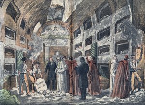 考古学者ジョヴァンニ・バッティスタ・デ・ロッシ（1822-1894）が発見したばかりの教皇の地下室を教皇ピウス9世に見学させる（1852年） - 「ル・ペラン」のダンブランのイラスト（1923年 作： Eugene Damblans