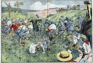 ダイヤモンドレース（南アフリカ）：鉱床に最も近いダイヤモンドの区画を誰が占有するかを決めるために組織されたレースのこと。8月3日付「ル・ペレラン」紙に掲載されたダンブランのイラスト 作： Eugene Damblans