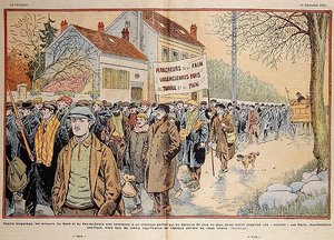 北フランスとパ・ド・カレー地方からパリに向かって行進する失業中の鉱山労働者、「Le Pelerin」のイラスト 作： Eugene Damblans