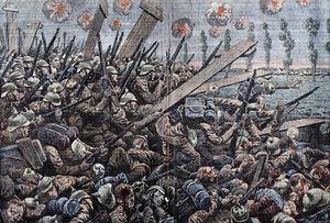 1914-1918年の戦争。1914年のベルギー戦線。イザー川のドイツ兵。Damblansのドローイング。 作： Eugene Damblans