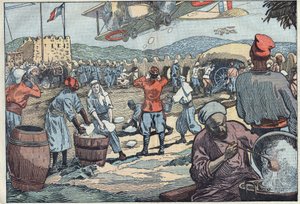 モロッコの戦争。反体制派のモロッコ人によるブロックハウスの包囲に氷を供給するフランスの飛行機。Damblansのイラスト。5月24日付「ル・ペレラン」にて 作： Eugene Damblans