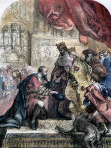 15世紀、19世紀、バルセロナのフェルディナンドとイザベラによるコロンバスのレセプション 作： Eugene Deveria