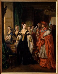 ヘンリー8世の離婚：1533年、枢機卿トマス・ウォルシー（1475-1530）とキャサリン・オブ・アラゴン（1485-1536） - ウィリアム・シェイクスピアの戯曲「ヘンリー8世の生涯の有名な歴史」の一場面 - ユージン・デヴェリア（1808-1865）による絵画