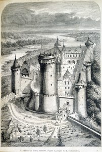 Le chateau de Coucy, restaure - Eugene Viollet-le-Duc (Viollet le Duc) (1814-1879)のスケッチからのエングレーヴィング - 1858年8月5日付の「Le Monde illustrious」。