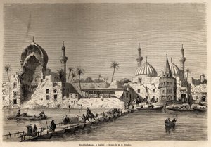 ウジェーヌ・フランダン（1809～1876）が1840～1842年にメソポタミアを訪れた際に描いたバグダッドの船橋。1861年「Le tour du monde」に掲載された版画。セルバのコレクション。 作： Eugene Flandin