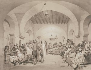 1830年にアルジェを占領したフランス遠征軍を記念した巻からのアルジェのカフェデュディバン。アドルフジャンバプティストバヨ（1810-66）によって刻まれました。 作： Eugene Flandin