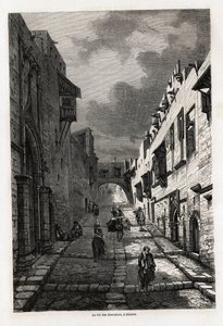 ロードス島のシュヴァリエ通り。ユージン・フランダンが1844年のロードス島への旅を説明するために描いたもの。エドゥアール・シャルトン編集の「世界旅行」に掲載されている図版 作： Eugene Flandin