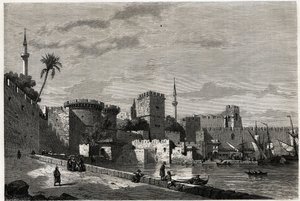 ロードス島の港とオービュッソンの門の風景。ユージン・フランダンが1844年のロードス島への旅を説明するために描いたもの。エドゥアール・シャルトン編『世界一周』に掲載されている図版