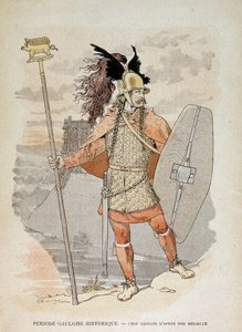 ガリアの指導者（勲章の後）：イノシシの装飾が施された「旗」を持って教えを請う-「図解教育カイエ、青銅器時代とガリア時代の戦争衣装」グラッセ編に掲載 作： Eugene Grasset