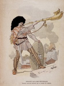 戦場の角笛（カーニュス）を鳴らすガリア人兵士-グラッセ編「図説 教育カイエ 青銅器時代とガリア時代の戦装束」より 作： Eugene Grasset