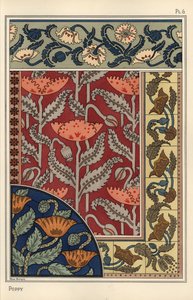 ステンドグラス、壁紙、布、タイルなどに描かれたケシの花。Marc Manginのリトグラフ 作： Eugene Grasset