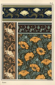 壁紙や布地の柄に使われているケシ（Papaver somniferum）。ヴェルヌイユのリトグラフ 作： Eugene Grasset
