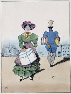 ヴィヴィエンヌ通りを横切る、荷物を持った女性と男性 - ウジェーヌ・フォレストの "Souvenirs d