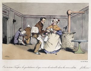 フランスのカフェに立つ森の漫画。 作： Eugene Hippolyte Forest