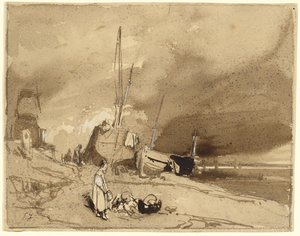ボルド・ドゥ・プラージュ（浜辺の漁船、遠くに嵐の雲） 作： Eugene Isabey