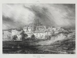 古代フランス、オーヴェルニュの絵のようにロマンチックな旅：シャトー・ド・ポン・ジボー 作： Eugene Isabey