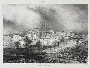 古代フランス、オーヴェルニュの絵のようにロマンチックな旅：シャトー・ド・ポン・ジボー 作： Eugene Isabey