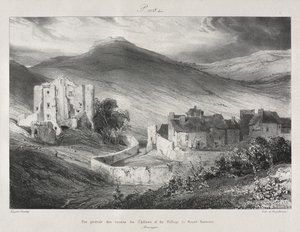 古代フランス、オーヴェルニュの絵のようにロマンチックな旅：城の遺跡と聖ネクテールの村 作： Eugene Isabey