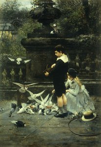 ハトに餌をやる、1887 作： Eugene Joors
