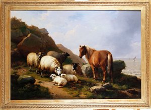 崖の上のポニーと羊、1868年を越える帆船 作： Eugene Joseph Verboeckhoven