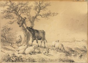 1866年の木と動物と少年のいる風景。 作： Eugene Joseph Verboeckhoven
