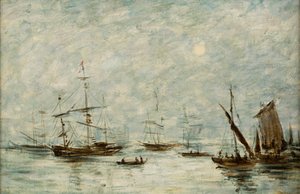 港に係留されたボート（キャンバスに油彩） 作： Eugene Louis (attr.to) Boudin