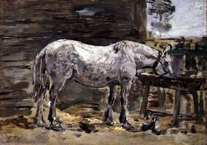 馬が酒を飲んでいる」1885-90年頃（パネルに油彩） 作： Eugene Louis Boudin