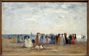 カルヴァドス島トルヴィルの浜辺の海水浴客。ウジェーヌ・ルイ・ブダン（1824-1898）の作品 作： Eugene Louis Boudin