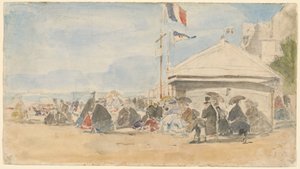 トルヴィルの旗のあるビーチハウス、c。 1865年。 作： Eugene Louis Boudin