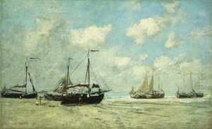 スヘフェニンゲンの海岸のボート。スケベニンゲ、ボートはグレーブで失敗した、1875 作： Eugene Louis Boudin