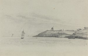 海運のある沿岸の風景、遠くにある風車、c. 1858年。 作： Eugene Louis Boudin