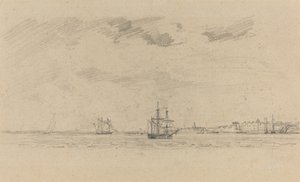 海運のある沿岸の風景、c. 1858年。 作： Eugene Louis Boudin