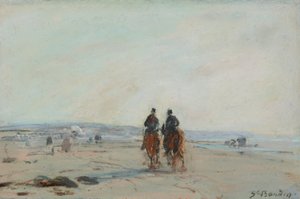 ビーチの2人の騎手、c.1864-68（紙にパステルを敷いて紙に置いた） 作： Eugene Louis Boudin