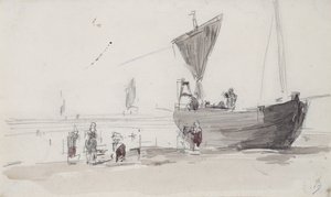 ビーチでの釣り船（紙に鉛筆とトイレ） 作： Eugene Louis Boudin