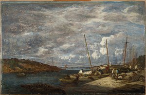 ドックの漁船、ドゥアルヌネス、1855 作： Eugene Louis Boudin