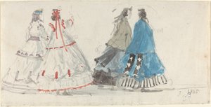 クリノリンを着てトルヴィルを歩く 4 人の女性、1865 年。 作： Eugene Louis Boudin