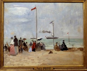 トルヴィルの海岸にて。ウジェーヌ・ルイ・ブダン（1824-1898）の絵画 作： Eugene Louis Boudin