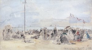 ピープルズオンザビーチ、トルビル、1866年（紙と紙とグラファイト） 作： Eugene Louis Boudin