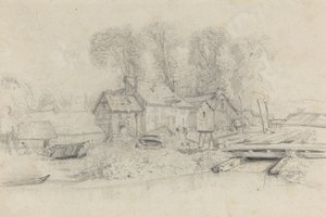 建物、ボート、およびフィギュアのある川の風景、c。 1858年。
