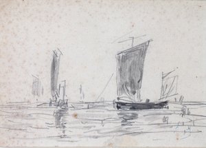 海上の帆船（ウォッシュとグラファイト紙） 作： Eugene Louis Boudin