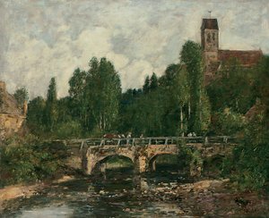 サンセネリー、教会と橋、1892年 作： Eugene Louis Boudin