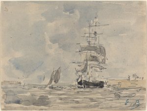 帆船のある海の風景、c。 1875年。 作： Eugene Louis Boudin
