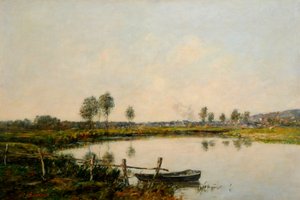 フランス、ドーヴィルのウォーターメドウズ（キャンバスに油彩） 作： Eugene Louis Boudin