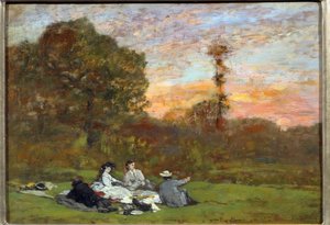 芝生の上の朝食」 ウジェーヌ・ルイ・ブダン（1824-1898）の絵画 1866年 日。0.17x0.25 m パリ、オルセー美術館 作： Eugene Louis Boudin