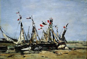 1789年のフランス革命を記念し、フランス国旗で飾られた浜辺の漁船。 作： Eugene Louis Boudin