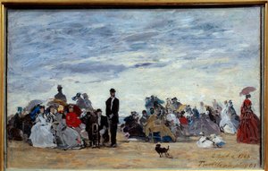 トルヴィルの海岸。ウジェーヌ・ルイ・ブダン（1824-1898）の絵画 作： Eugene Louis Boudin