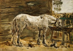 飲酒桶での白い馬、1885-90年 作： Eugene Louis Boudin