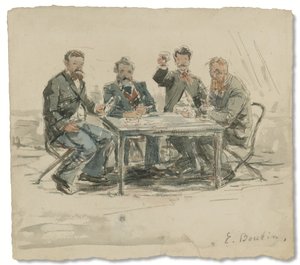 サン シメオン農場で (ジョンキンド、エミール ヴァン マルケ、クロード モネ、「アシャール神父」)、c. 1867年（紙に水彩と鉛筆） 作： Eugene Louis Boudin