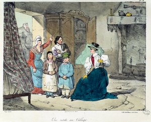 村への訪問。金持ちの女性が貧しい家庭を訪問する。書籍「La vie de chateau」の挿絵。ウジェーヌ・ルイ・ラミ（1800-1890）のエングレーヴィング 作： Eugene Louis Lami